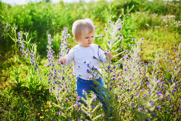 Adorable baby girl walking on field