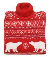 Red Knitted Christmas Turtleneck Sweater With Nordic Ornament Folded On White Background