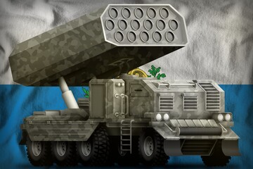 rocket artillery, missile launcher with grey camouflage on the San Marino national flag background. 3d Illustration