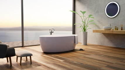 Wall Mural - 3D illustration of luxury bathroom with sea view.