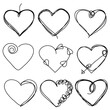 Set of hand drawn scribble hearts. Collection of abstract  frames in doddles stylein in the shape of  heart . Continuous line. Vector. Isolated on white background.
