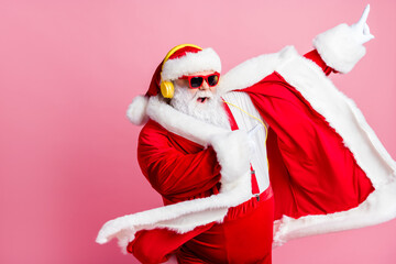 Sticker - Photo crazy funky cool bearded santa claus enjoy listen headphone stereo x-mas christmas music dance raise finger wear sunglass headwear suspenders isolated pastel color background