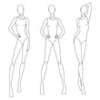 © Fidan.Stock - Technical drawing of woman's figure. Vector thin line girl model template for fashion sketching. Woman's body poses. The position of the hand at the waist and walking on runway. Separate layers.