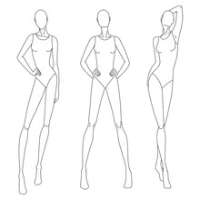 Technical Drawing Of Woman's Figure. Vector Thin Line Girl Model Template For Fashion Sketching. Woman's Body Poses. The Position Of The Hand At The Waist And Walking On Runway. Separate Layers.