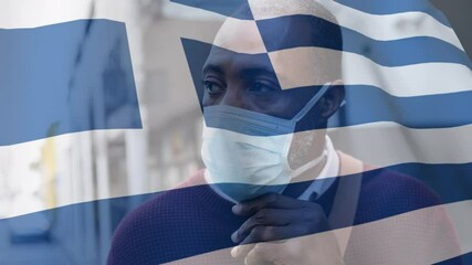 Poster - Greek flag waving against man wearing face mask