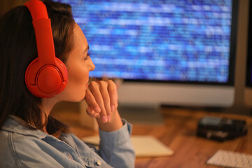 Female programmer working in office at night