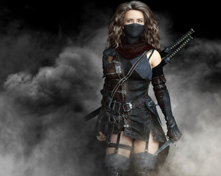 Mysterious silent rogue assassin female piercing through the smoke toward her target . Fantasy 3d rendering