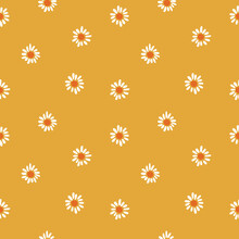Daisies / Chamomile Floral Pattern On Mustard Yellow. Ditsy Floral Print. Cheerful Nature Background With Tiny Flowers. Seamless Pattern Vector.