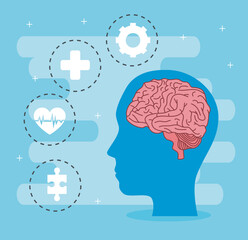 Poster - mental health of brain in head and icon set design, mind psychology and idea theme Vector illustration