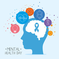 Sticker - mental health day with ribbon on brain in head and icon set design, mind psychology and idea theme Vector illustration