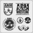 Set of arm wrestling club emblems, labels, badges and design elements. Print design for t-shirts.