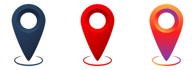 Wall Mural - Realistic map pin pointer. Positios symbol in gradient style. Isolated pin pointer in dark blue and red colors. Social media style of location marker on white background. Vector EPS 10.