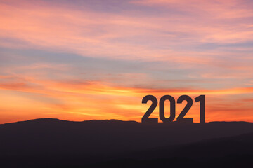 Wall Mural - New year 2021 with sunset sky background