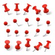 © Valery - Realistic pins set. Collection of realism style drawn colorful office red pushpin thumbtack template. Illustration of needles stationery items or metal plastic sewing accessories for paperwork mockup.