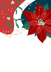 Wall Mural - Poinsettia flower and mistletoe branch with berries on color background. Template for christmas greeting card, party invitation design. Vector illustration flat cartoon isolated icon.