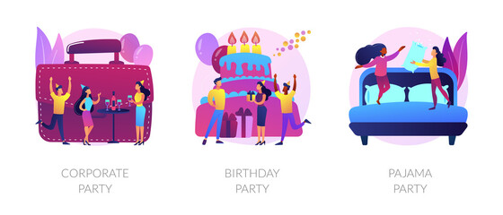 Wall Mural - Office celebration, anniversary congratulations, girlfriends sleepover icons set. Corporate party, birthday party, pajama party metaphors. Vector isolated concept metaphor illustrations