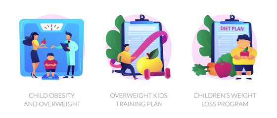 Wall Mural - Unhealthy lifestyle, vegetarian diet icons set. Child obesity and overweight, overweight kids training plan, childrens weight loss program metaphors. Vector isolated concept metaphor illustrations