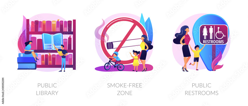 Urban places flat icons set. City recreation, people in bookstore. WC room sign. Public library, smoke-free zone, public restrooms metaphors. Vector isolated concept metaphor illustrations. - obrazy, fototapety, plakaty 