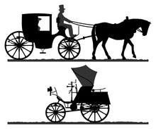 Retro Transport Silhouettes.
Silhouette Of A Horse-drawn Carriage With A Coachman. Retro Car Silhouette. Vector Illustration.