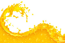 Sweet Fresh Yellow Fruit Juice Smoothie 3D Splash. Fruits Juice Splashing: Orange, Mango, Citrus, Pineapple, Banana Juice In Wave Form Isolated White Background. Healthy Juice Drink Ad Template Design