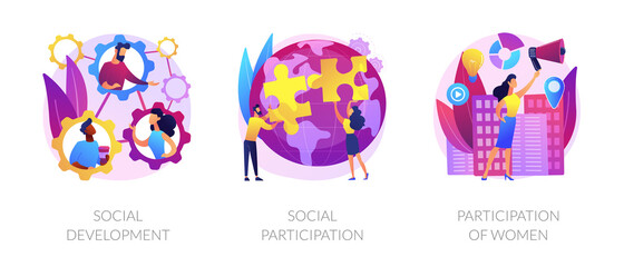 Poster - Social engagement metaphors. Participation in society, community involvement, social group. Participation of women. Norms of behaviour abstract concept vector illustration set.