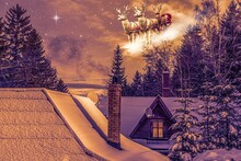 Christmas Night Scene - Santa Claus Rides Reindeer , Christmas Holiday