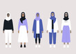 A set of middle eastern female characters wearing hijabs and different outfits: casual, elegant, sport, business