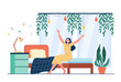 Happy woman waking up in morning. Person sitting on bed and stretching arms. Flat vector illustration for comfortable bedroom, deep sleep, wellness concept