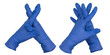 Hands wearing blue nitrile examination gloves steepled or interlaced fingers, various views