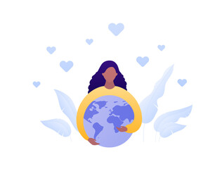 World awareness concept. Vector flat people illustration. African american female embrace planet earth globe. Symbol of global responibility, social care, sustainable ecology. Design for banner, web.