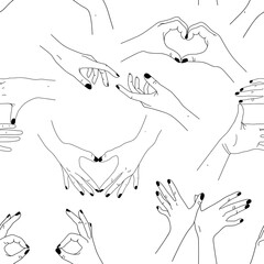 Canvas Print - Hand gestures seamless pattern. Black white human hands digital paper