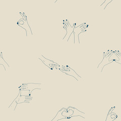 Canvas Print - Seamless pattern with human hands. Digital paper with body language. Contour vector illustration with hand gestures. Simple linear sketch. Beige and blue background for fabric, prints, t-shirts