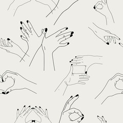 Canvas Print - Seamless pattern with human hands. Digital paper with body language. Contour vector illustration with hand gestures. Simple linear sketch. Beige and black background for fabric, prints, t-shirts