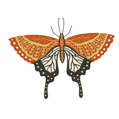 Wall Mural - boho vector art design with bohemian butterfly. isolated insect icon, hand drawn illustration on a w