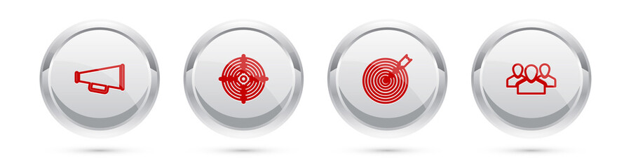 Poster - Set line Megaphone, Target sport, with arrow and Users group. Silver circle button. Vector.