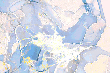 Wall Mural - Blue, golden stone marble texture. Alcohol ink technique abstract vector background. Modern paint in natural colors with glitter. Template for banner, poster design. Fluid art painting