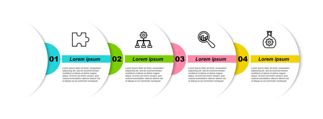 Poster - Set line Piece of puzzle, Lead management, Magnifying glass and analysis and Bioengineering. Business infographic template. Vector.