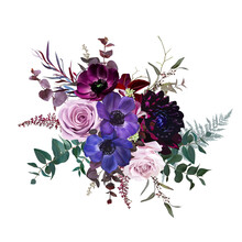 Marvelous Violet, Purple And Burgundy Anemone, Dusty Mauve And Lilac Rose, Dark Dahlia