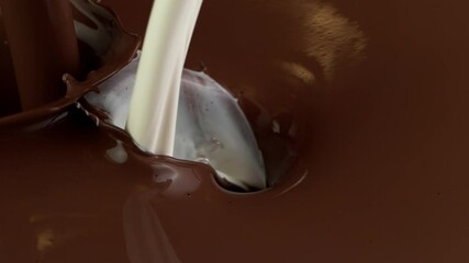 Poster - Super slow motion of pouring hot chocolate and milk splashes in detail. Filmed on high speed cinema camera, 1000fps.