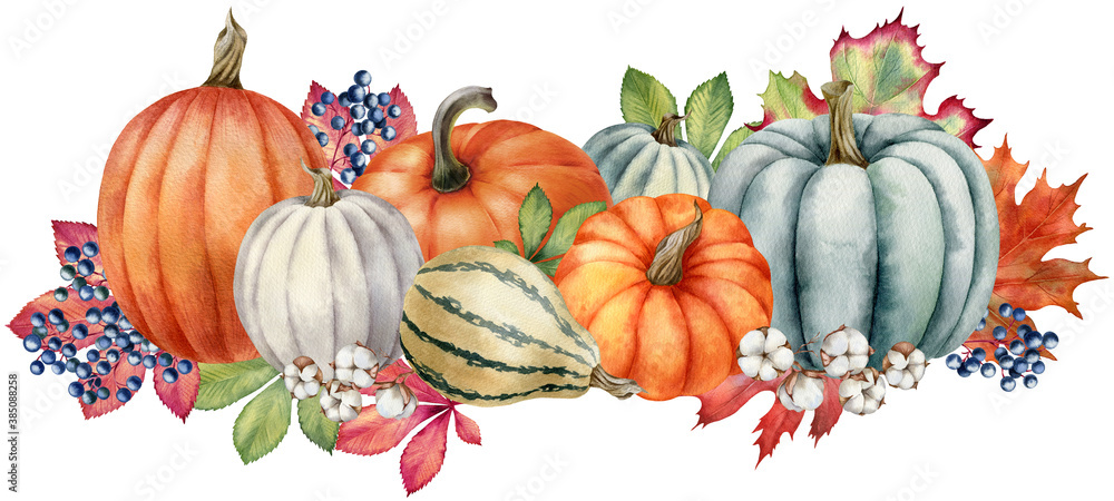 Watercolor illustration with pumpkins and leaves isolated on the white ...
