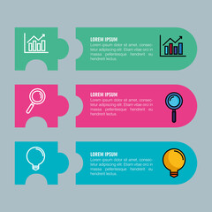 Poster - infographic steps bars chart lupe and light bulb design, Data analysis and information theme Vector illustration