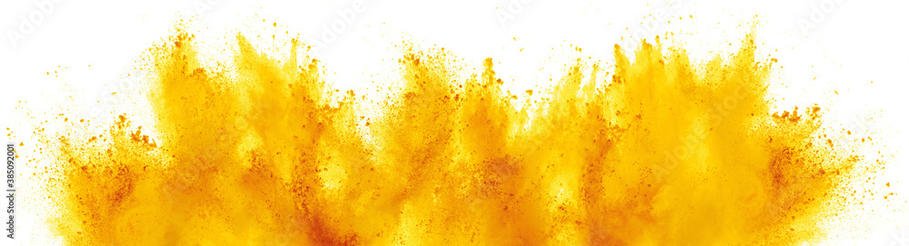 bright yellow holi paint color powder festival explosion isolated white background. industrial print concept background - obrazy, fototapety, plakaty 