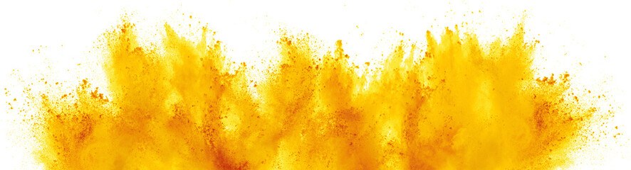 bright yellow holi paint color powder festival explosion isolated white background. industrial print