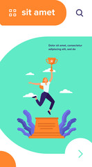 Wall Mural - woman celebrating victory. girl holding gold cup on winner podium flat vector illustration. winning,