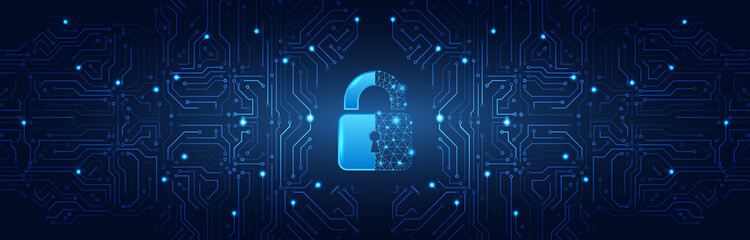 Fototapete - Internet security technology concept for business. Confidential data protection. Cybersecurity or information privacy idea. Padlock on the blue circuit board background.