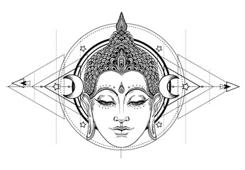 Buddha face over ornate mandala round pattern. Esoteric vintage vector illustration. Indian, Buddhism, spiritual art. Hippie tattoo, spirituality, Thai god, yoga zen Coloring book pages for adults.