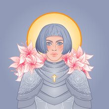 Portrait Of Beautiful Girl With A Sword. Female Knight In Armour. Vector Illustration. Medieval Aesthetics. Girl Power. Joan Of Arc Inspired. Sticker, Patch, T-shirt Print, Logo Design.