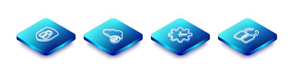 Wall Mural - set isometric line shield security with lock, cloud computing, time management and broken or cracked