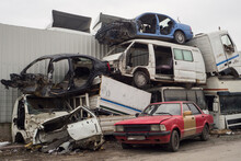 Cars Waiting To Be Recycle In Junk Yard In Turkey, Ankara - Stacked Cars In Car Cemetery - Auto Graveyard