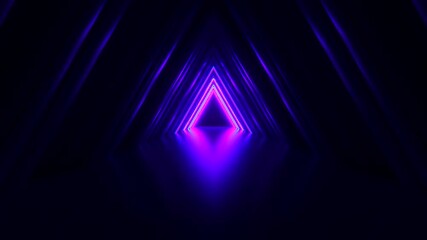 Wall Mural - Abstract neon triangle tunnel technological. Endless swirling animated background. Modern neon light. Bright neon lines sparkle and move forward. Seamless loop 3d render